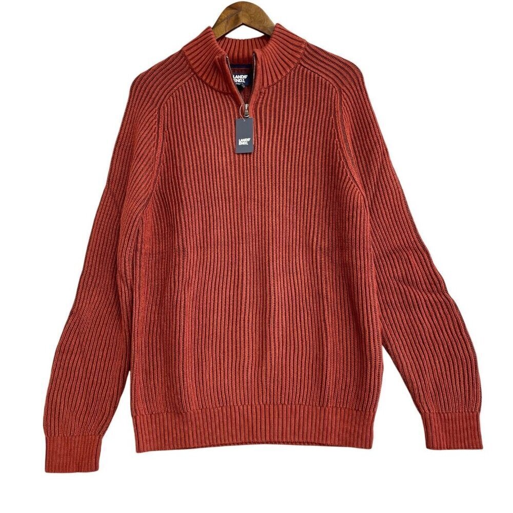 NEW Lands' End Men's M Drifter Half-Zip Sweater Ribbed Rust Red Cotton